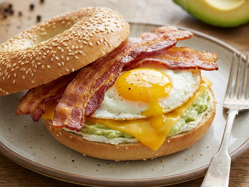 American Breakfast Bagel with Egg and Bacon