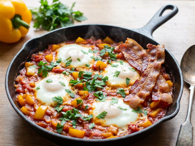 Tomato-Bell Pepper Pan with Egg and Bacon
