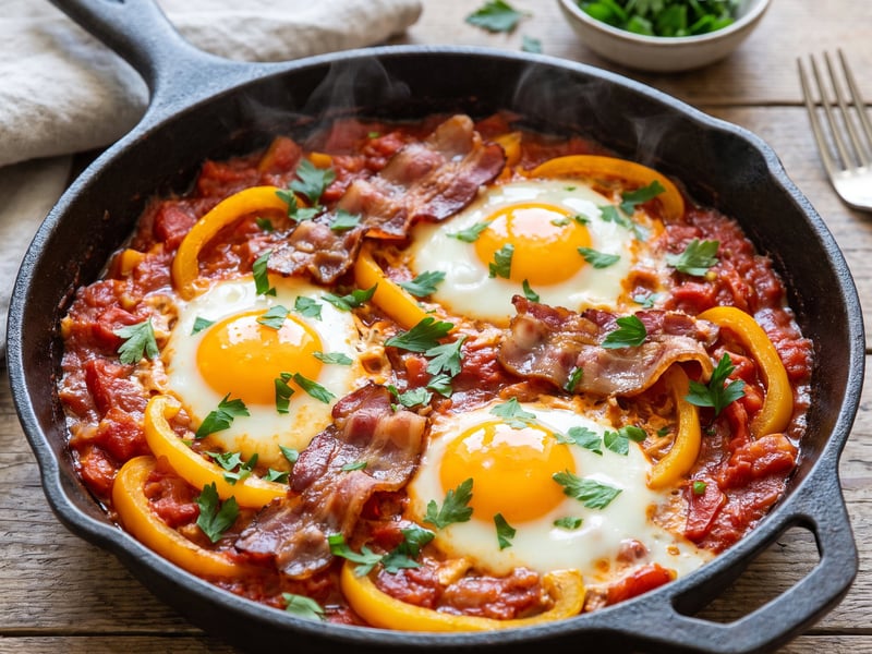 Tomato and Bell Pepper Skillet with Egg and Bacon