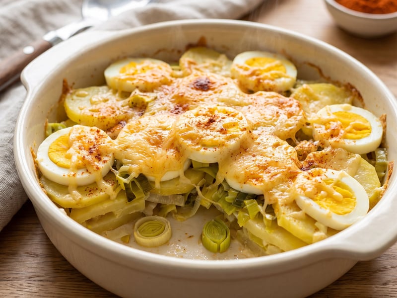 Baked Potatoes with Boiled Eggs and Leeks
