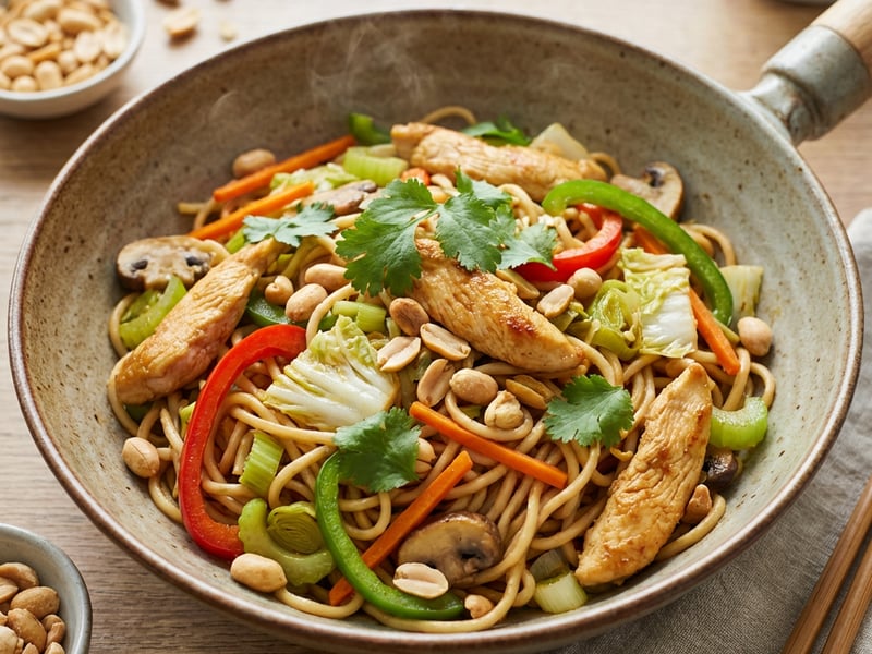 Gebratene Nudeln mit Hähnchen und Gemüse