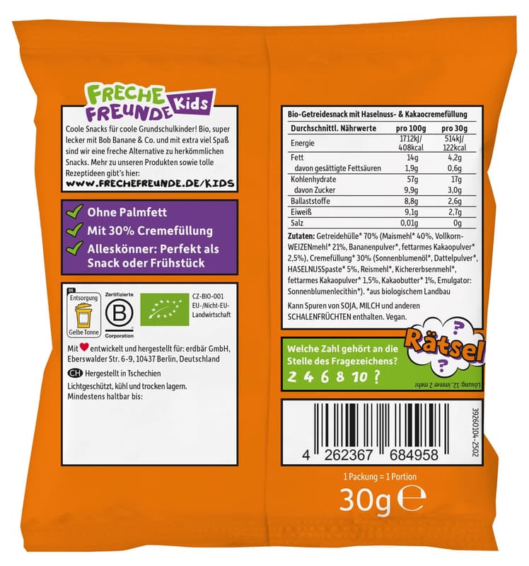 Freche Freunde Kids Organic Crunchy Bits with Cream Filling Hazelnut & Cocoa 30g