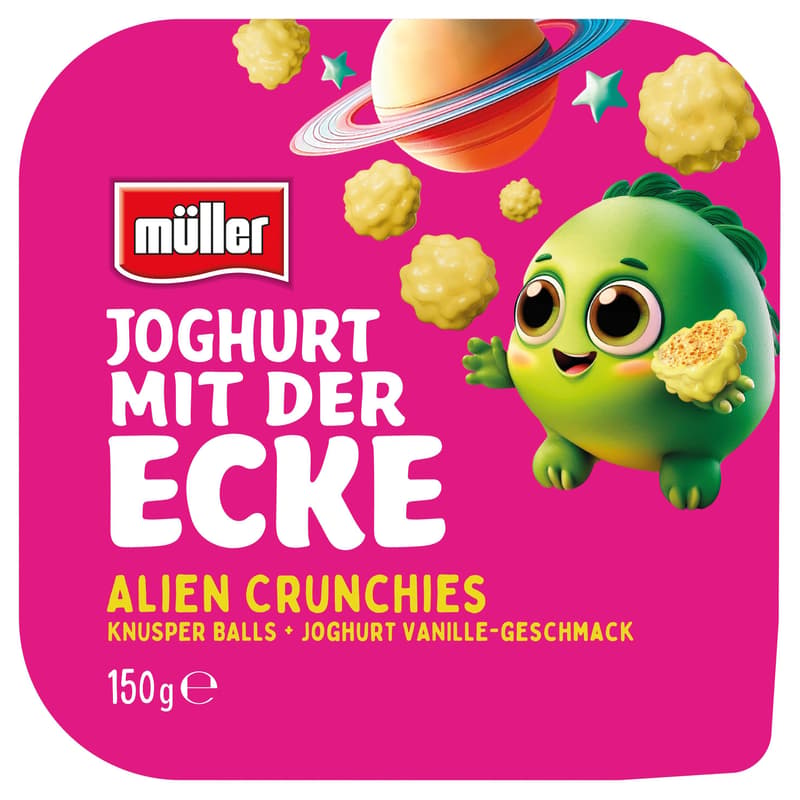 Müller Joghurt mit der Ecke Alien Crunchies