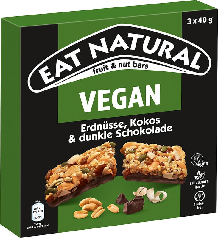 EAT NATURAL VEGAN Erdnüsse, Kokos & dunkle Schokolade 3er