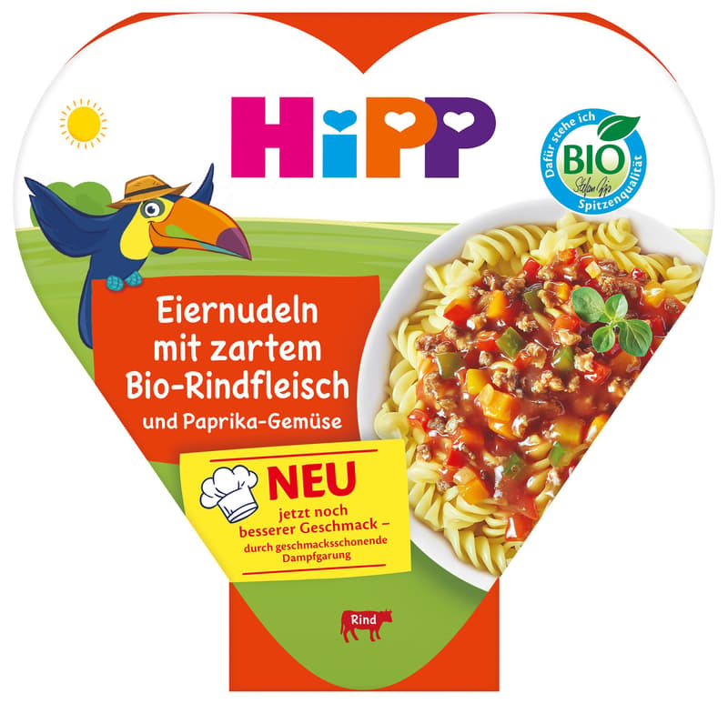 HiPP Bio Menüs Eiernudeln mit zartem Bio-Rindfleisch und Paprika-Gemüse