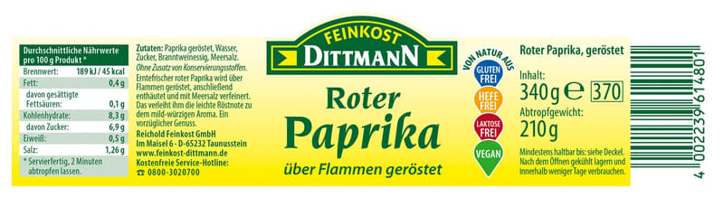 Feinkost Dittmann red roasted peppers 340g jar