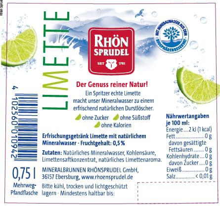 RhönSprudel Mineralwasser PLUS Limette Glas 12x0,75l (MEHRWEG)