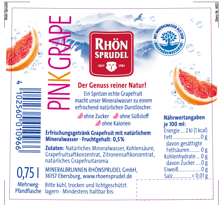 RhönSprudel Mineralwasser PLUS Pink Grape Glas 12x0,75 l (MEHRWEG)