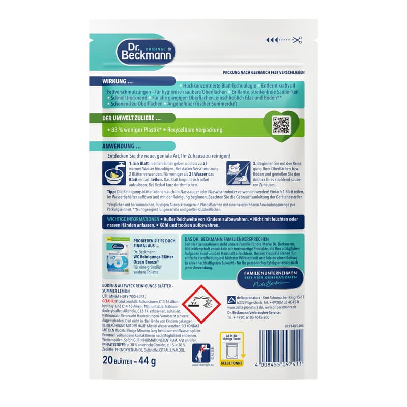 Dr. Beckmann Floor & All-Purpose Cleaning Wipes Summer Lemon 20 pcs 12 pack
