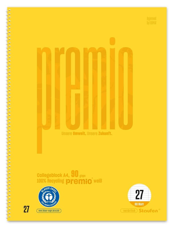 Staufen College Block premium ruled 27 lines 80 sheets 90g/m² DIN A4 100% recycled