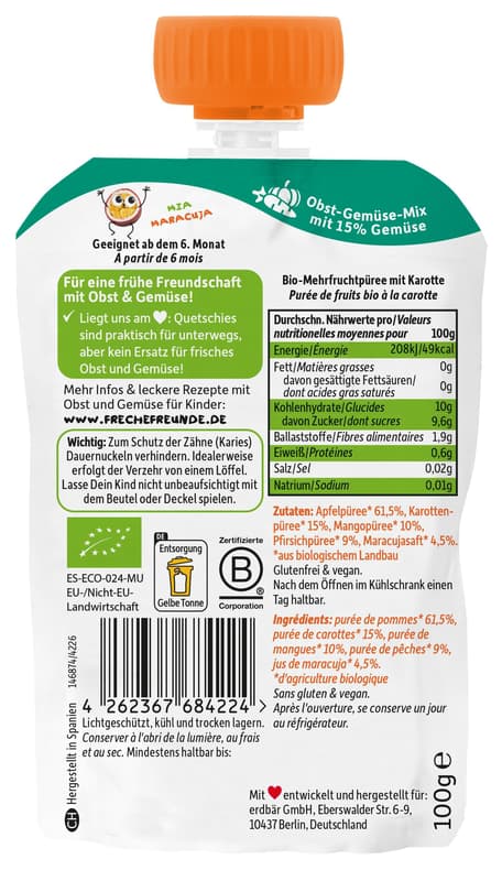 Freche Freunde Bio Quetschie Multi Apfel, Mango, Pfirsich, Maracuja mit Karotte