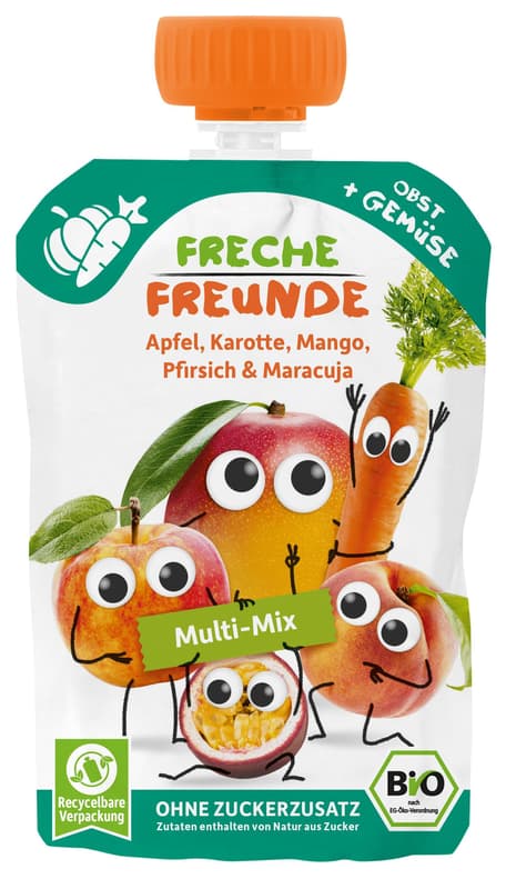 Freche Freunde Bio Quetschie Multi Apfel, Mango, Pfirsich, Maracuja mit Karotte