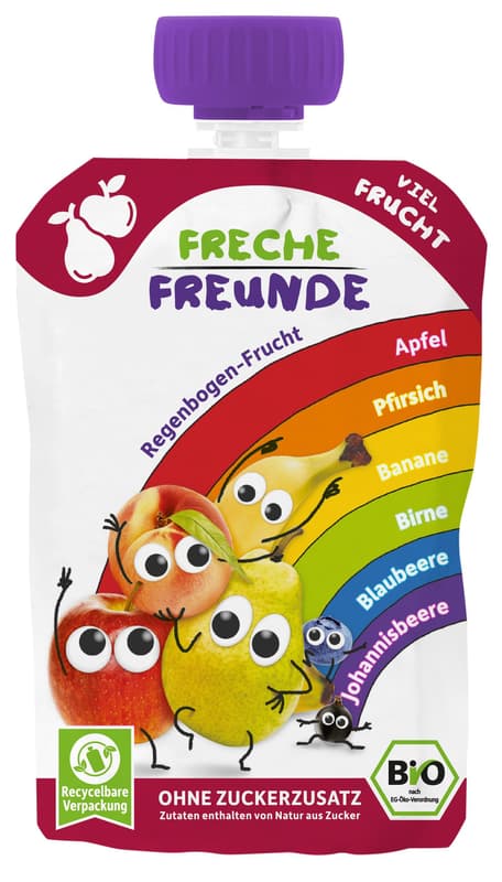 Freche Freunde Bio Quetschie Regenbogen - Apfel, Blaubeere, Schwarze Johannisbeere, Pfirsich, Birne, Banane