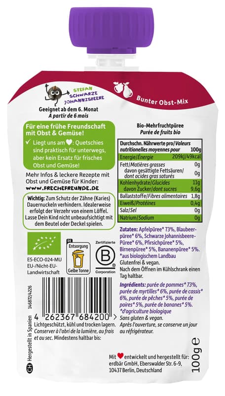 Freche Freunde Bio Quetschie Regenbogen - Apfel, Blaubeere, Schwarze Johannisbeere, Pfirsich, Birne, Banane