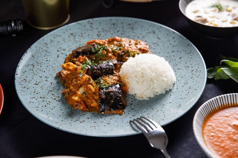 Vegetable-aubergine masala with jasmine rice by Mahavir Kanswal