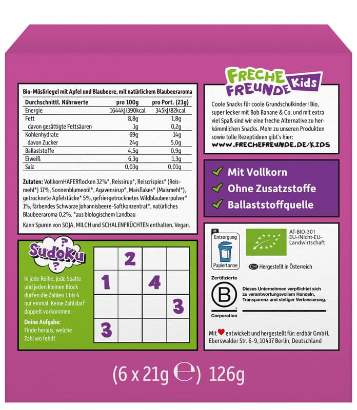 Freche Freunde Kids Bio Crispy Riegel Apfel & Blaubeere