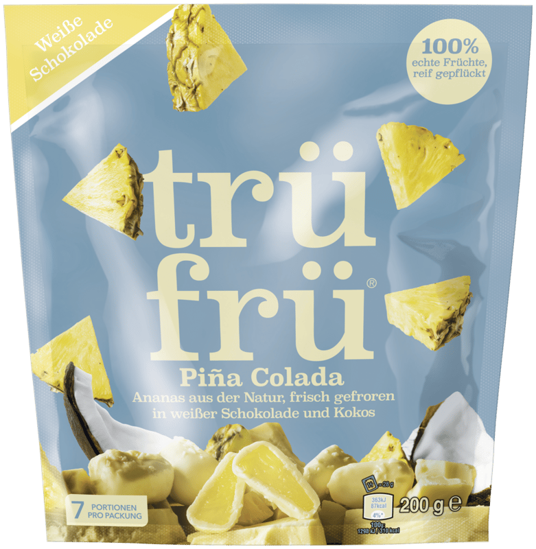 trüfrü® piña colada frozen pineapple with white chocolate and coconut 200g