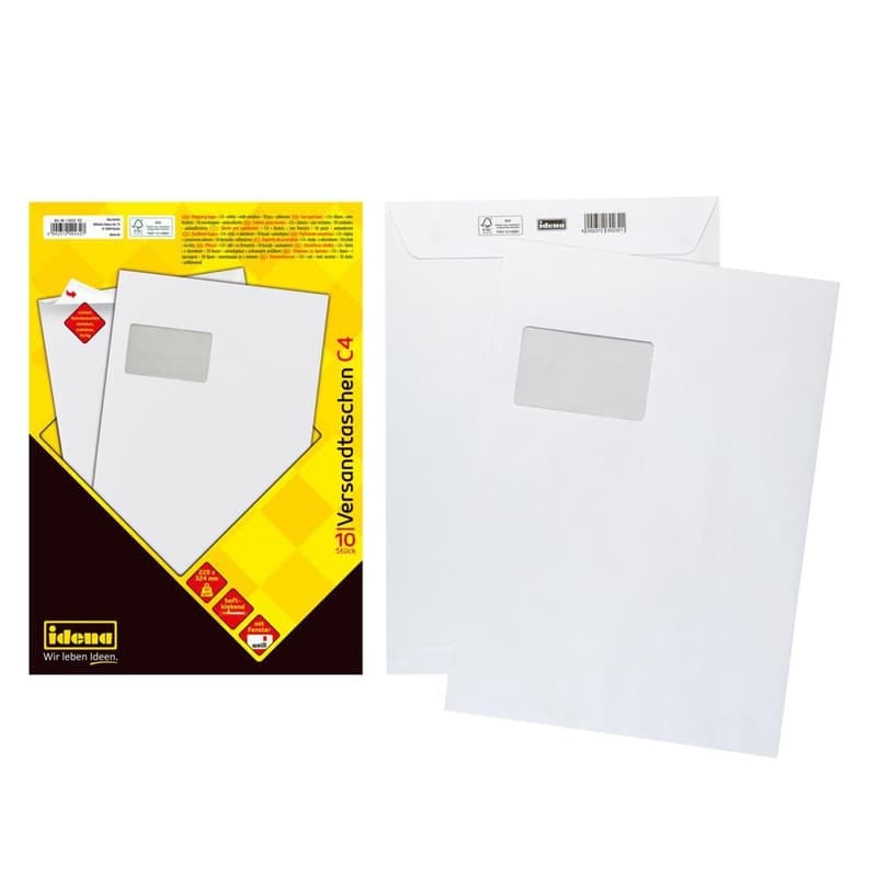 Idena mailing envelopes with window, self-adhesive, 90g/m², white, DIN C4, pack of 10