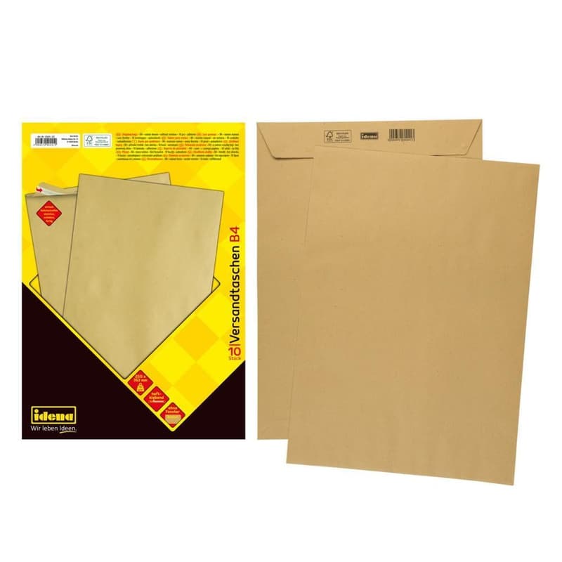 Idena mailing envelopes without window, self-adhesive, 90g/m², brown, DIN B4, pack of 10