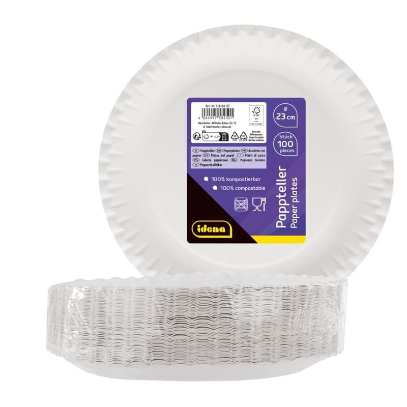 Idena compostable paper plates, white, Ø23cm, 100 pieces