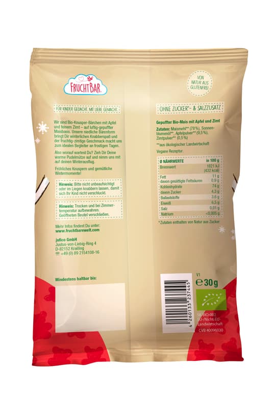 FruchtBar - Bio-Knusper-Bärchen, Mais,Apfel, Zimt