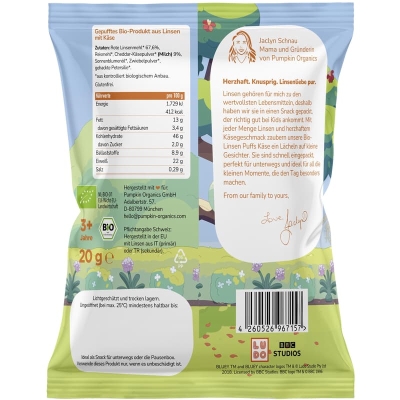 Pumpkin Organics Bluey Organic Lentil Puffs Cheese