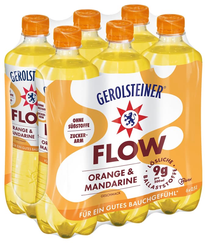 Gerolsteiner FLOW Orange & Mandarin 0. 5 l PET Tray EW with fiber and calcium