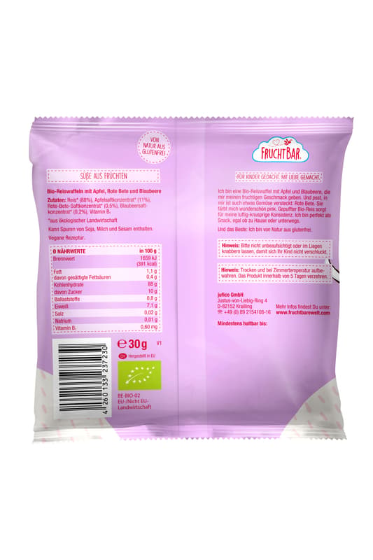 Fruchtbar organic rice cake apple, red beet and blueberry
