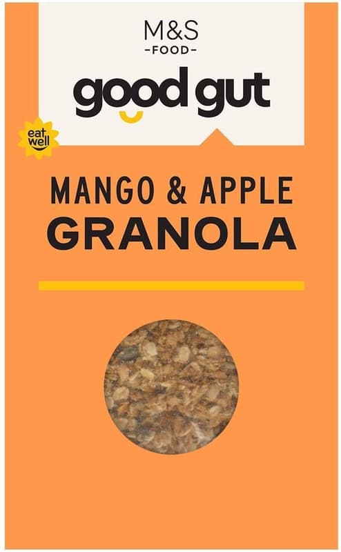 Marks & Spencer whole grain oat granola with whole grain spelt flakes, seed mix, whole grain barley flakes, freeze-dried mango pieces, and dried apple pieces