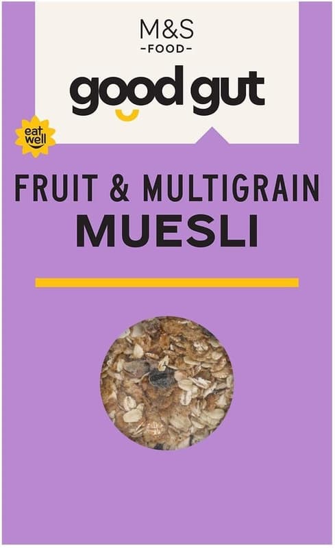 Marks & Spencer whole grain muesli made from wheat, oats, wheat bran, and barley flakes with dried fruits, seed mix, spelt flakes, chopped roasted hazelnuts, and roasted coconut chips
