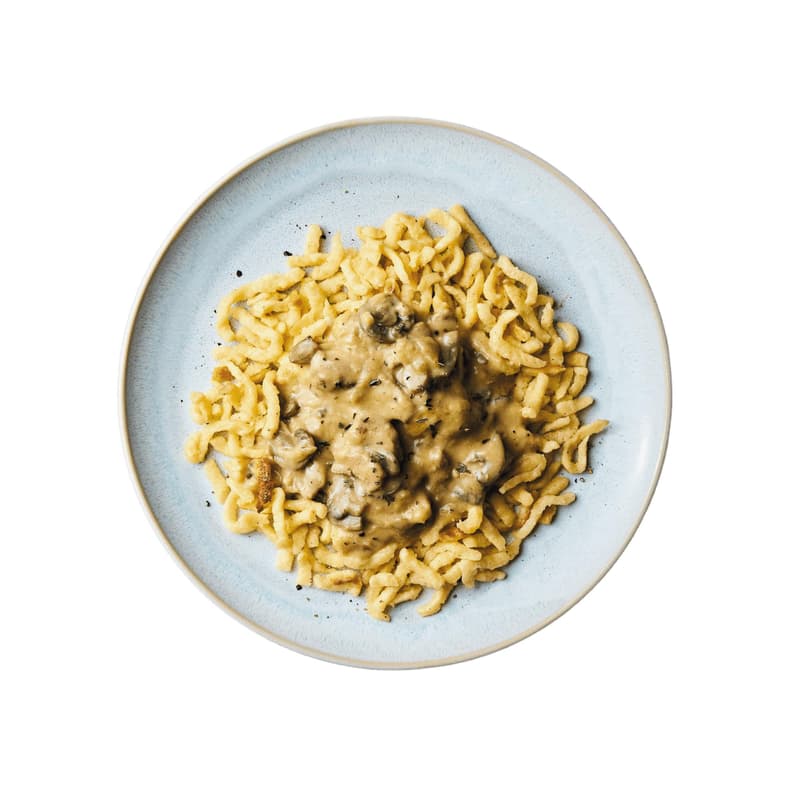 Freshfoodz pork tenderloin strips in wild mushroom sauce with buttered spaetzle