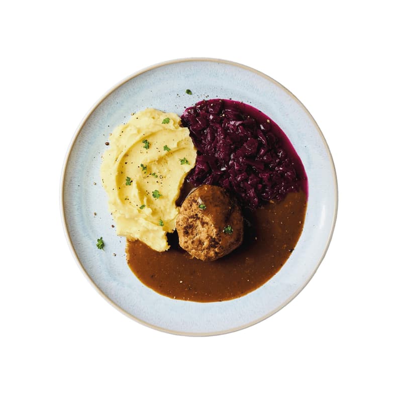 Freshfoodz pork meatballs with cranberry red cabbage and mashed potatoes