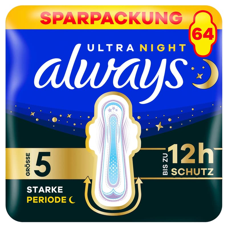 Always Ultra Damenbinden Secure Night Extra mit Flügeln Monatspaket, (4 x 16)