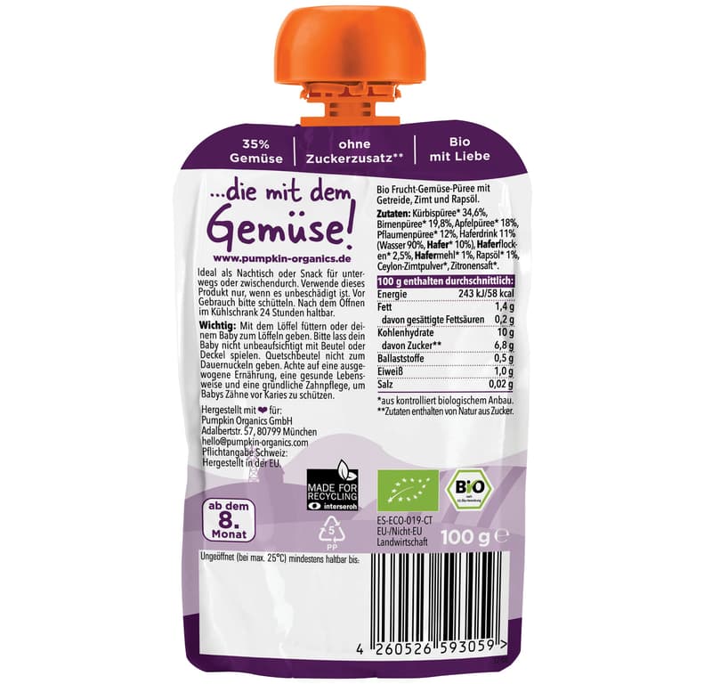 Pumpkin Organics BIO Quetschie Kürbis, Birne, Pflaume, Hafer