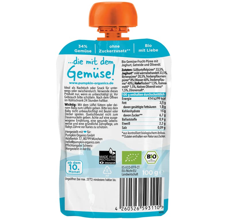 Pumpkin Organics BIO Quetschie Süßkartoffel, Joghurt, Trockenpflaume, Hafer