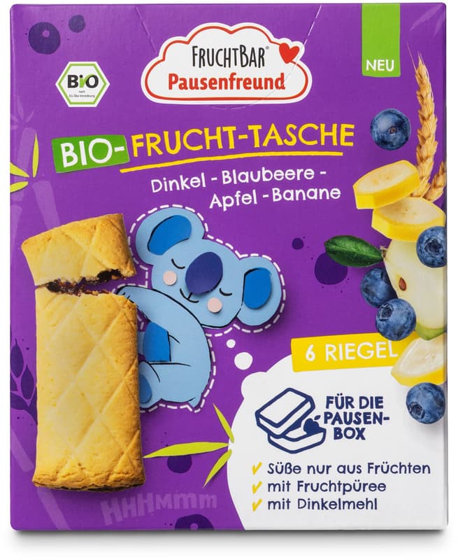 FruchtBar Pausenfreund - Bio-Frucht-Tasche Dinkel, Blaubeere, Apfel, Banane