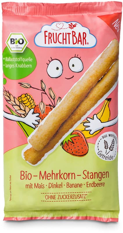 FruchtBar – Bio-Mehrkorn-Stangen Mais, Dinkel, Banane, Erdbeere