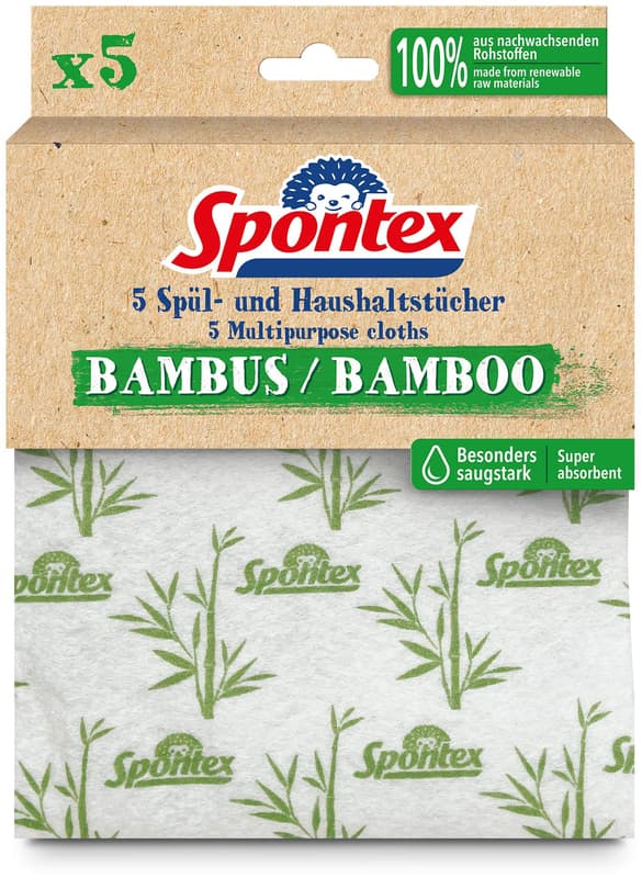 Spontex Bambus Spül- und Haushaltstücher, aus 100% nachwachsenden Rohstoffen, extrem saugstark, Größe 35 x 30 cm, 5er Pack
