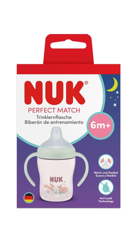 NUK Perfect Match Night learning cup, with soft silicone drinking spout, 150 ml, leak-proof, from 6+ months, 1 piece, pink, bunny design