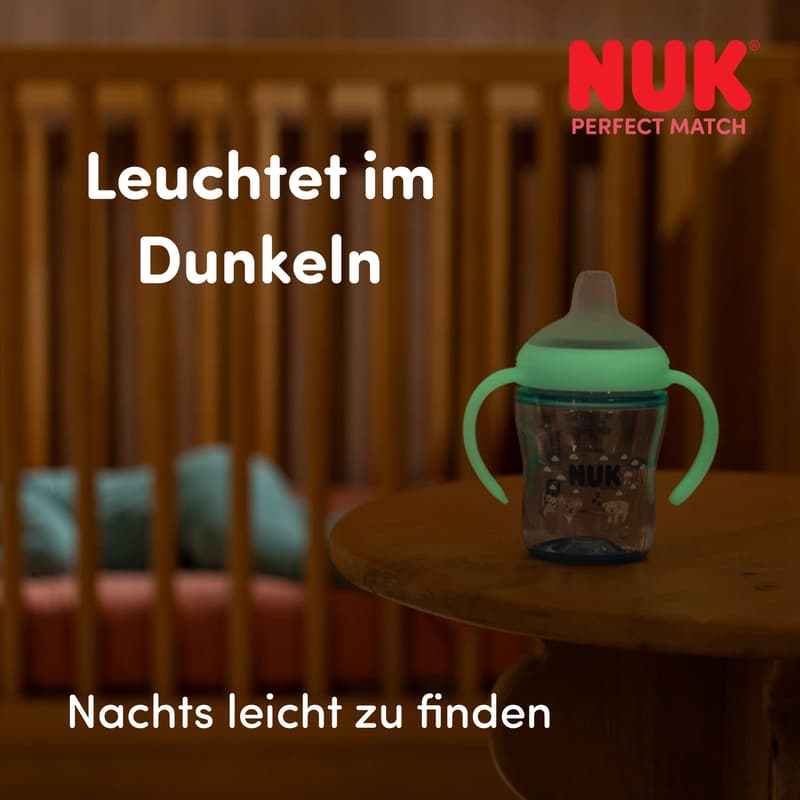 NUK Perfect Match Night learning cup, with soft silicone drinking spout, 150 ml, leak-proof, from 6+ months, 1 piece, pink, bunny design