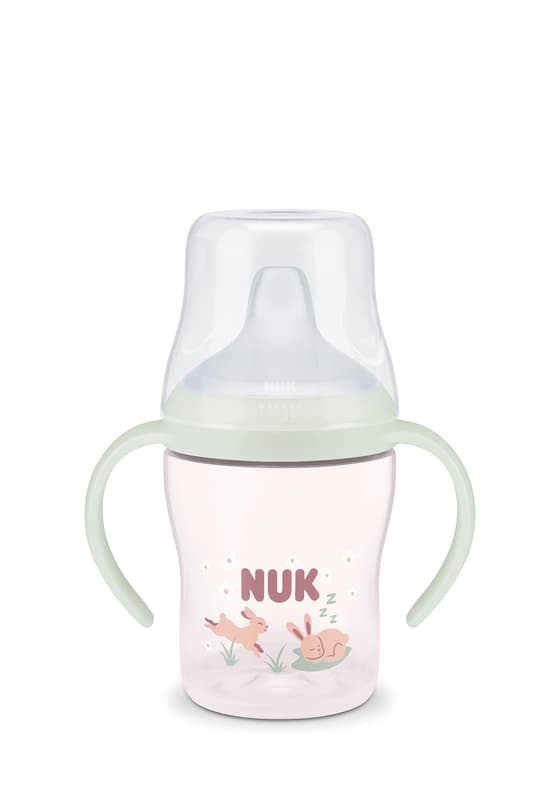 NUK Perfect Match Night learning cup, with soft silicone drinking spout, 150 ml, leak-proof, from 6+ months, 1 piece, pink, bunny design