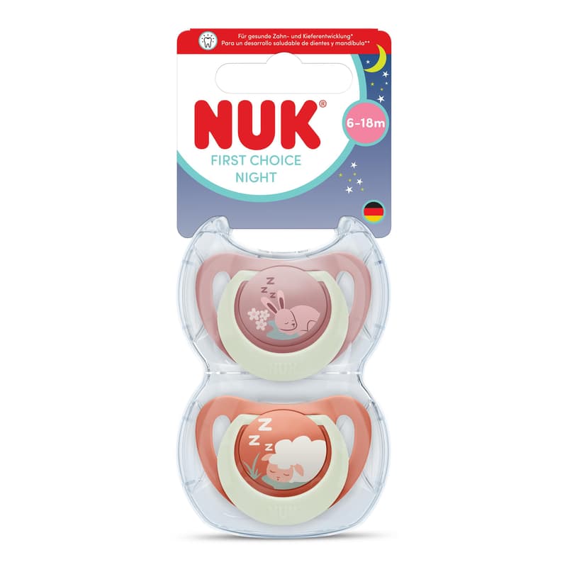 NUK First Choice Night Silikon-Schnuller 6-18 Monate Hase & Schaf