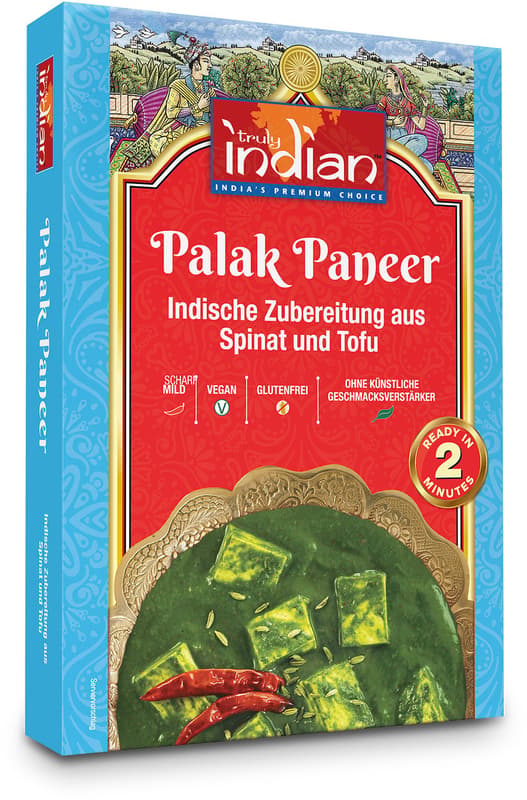 Truly Indian ready meal with spinach and tofu (Palak Paneer, Kashmiri)