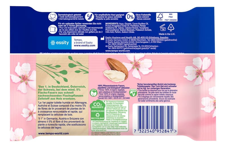 Tempo moist toilet tissues, almond milk, 42 pieces