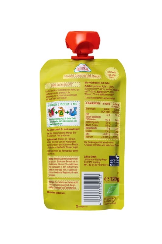 FruchtBar BIO-Früchte-Haferbrei - Apfel, Birne, Traube, Hafer