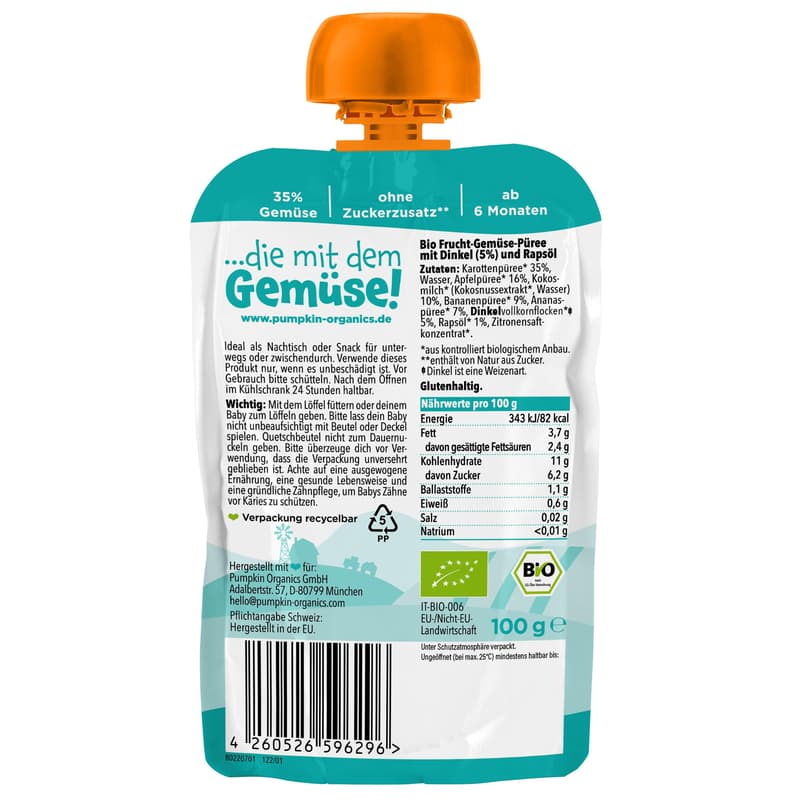 Pumpkin Organics Organic Fruit Pouch: carrot, apple, coconut, banana, pineapple, spelt