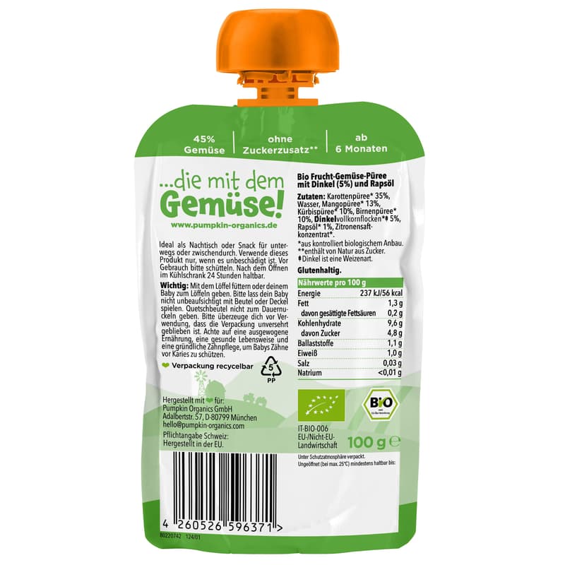 Pumpkin Organics Organic Squeezie: Carrot, Mango, Pumpkin, Pear, Spelt