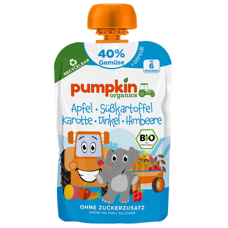 Organic fruit pouch: apple, sweet potato, carrot, spelt, raspberry