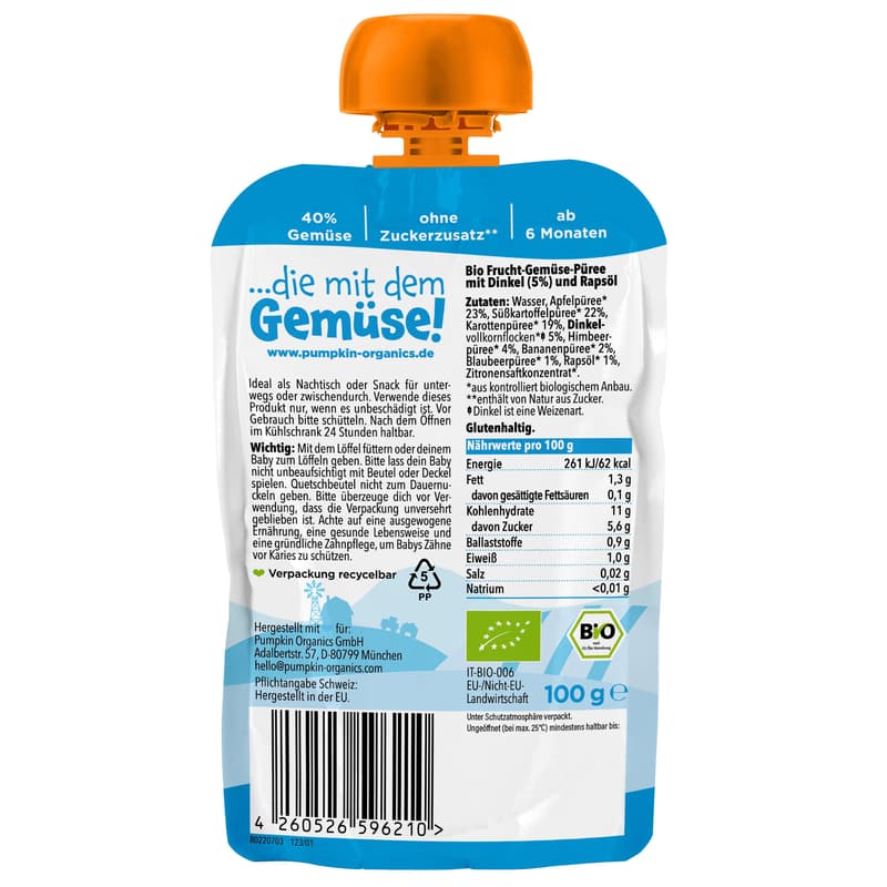 Organic fruit pouch: apple, sweet potato, carrot, spelt, raspberry