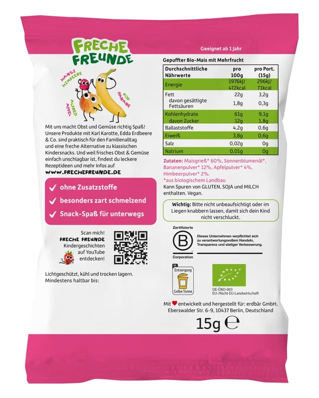 Freche Freunde Organic Mini Crunchy Butterfly Snacks Banana, Apple & Raspberry